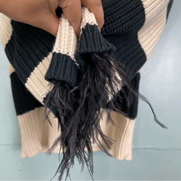 J.Crew Collection Feather Trim Crewneck Sweater Knitted Stripped Black Off White - Picture 4 of 9